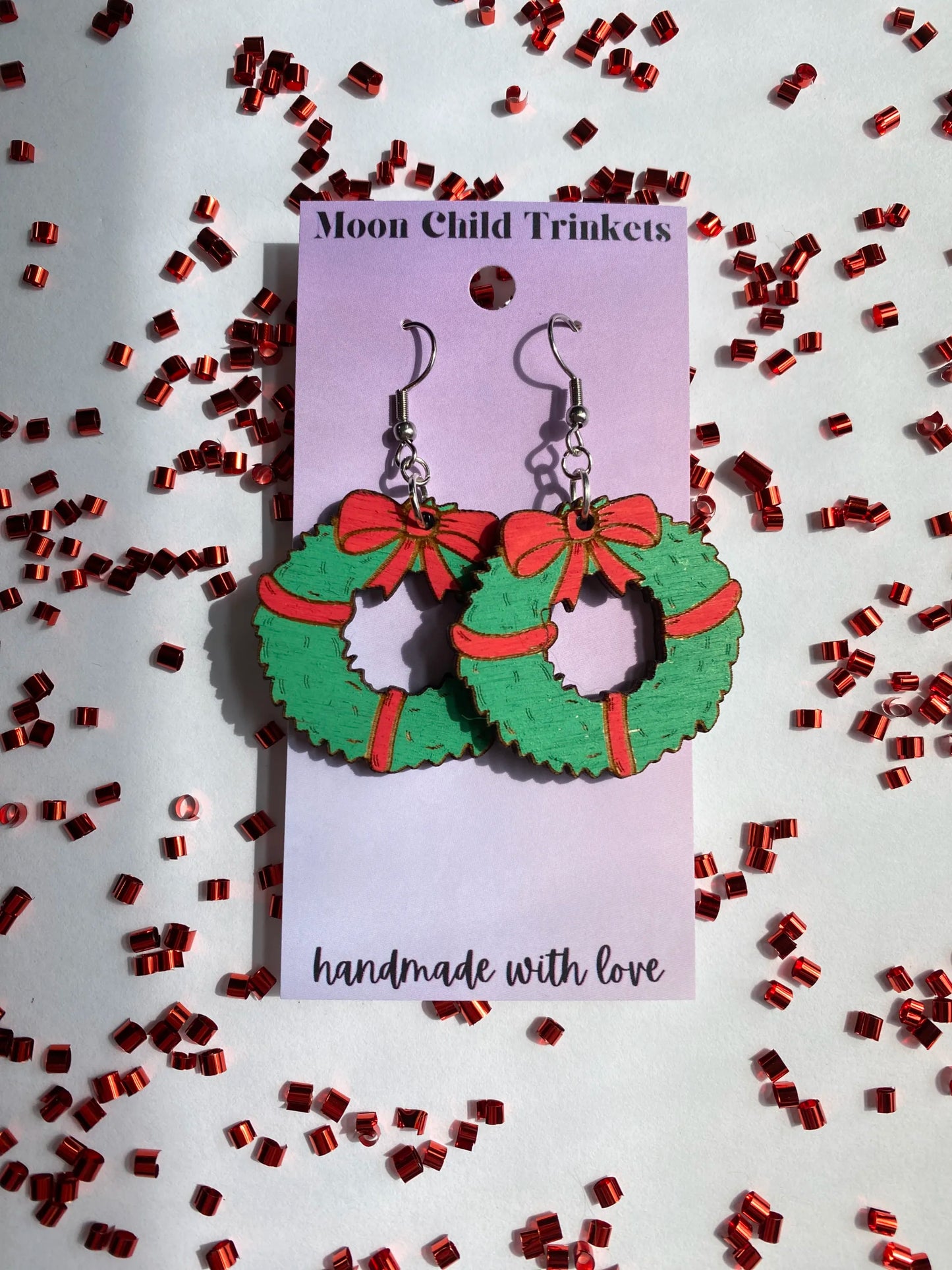 Christmas Wreath Hand Painted Wood Dangle Earrings image 0