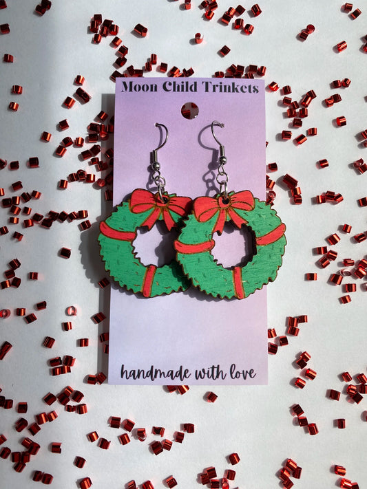 Christmas Wreath Hand Painted Wood Dangle Earrings image 0