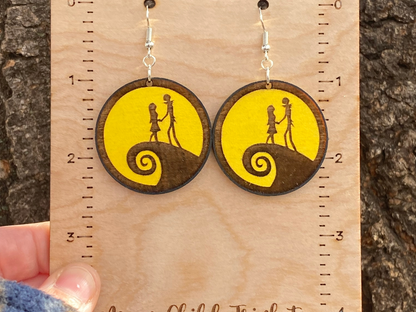 Jack and Sally Yellow Hand Painted Wood Dangle Earrings