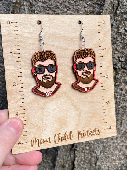 Chiefs Travis Kelce Inspired Hand Painted Wood Dangle Earrings image 1