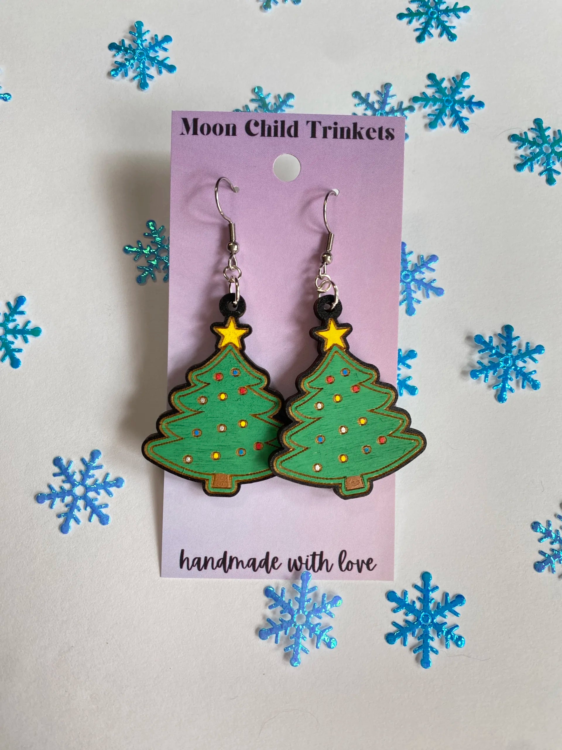 Christmas Tree Hand Painted Wood Dangle Earrings image 0