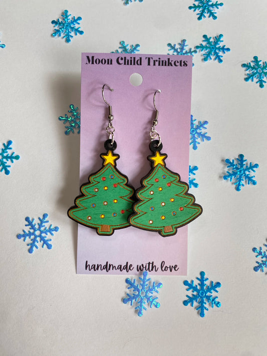 Christmas Tree Hand Painted Wood Dangle Earrings image 0