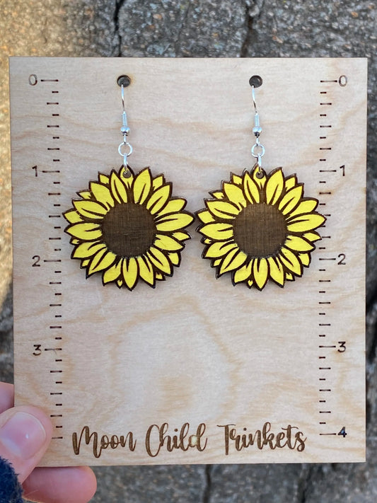 Sunflower Hand Painted Wood Hook Back Dangle Earrings image 0