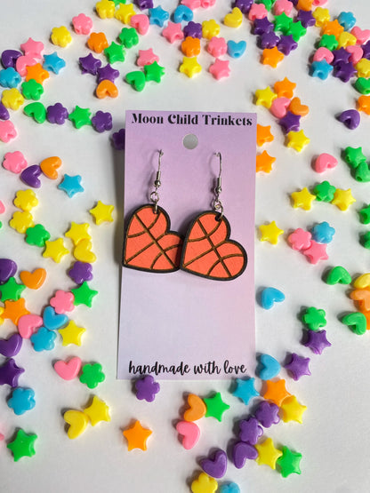 Basketball Heart Hand Painted Wood Dangle Earrings image 1