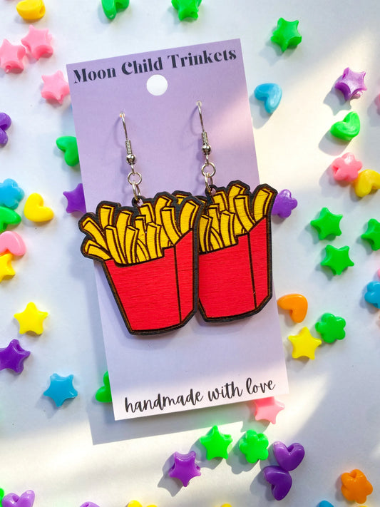 French Fries Hand Painted Wood Dangle Earrings image 0