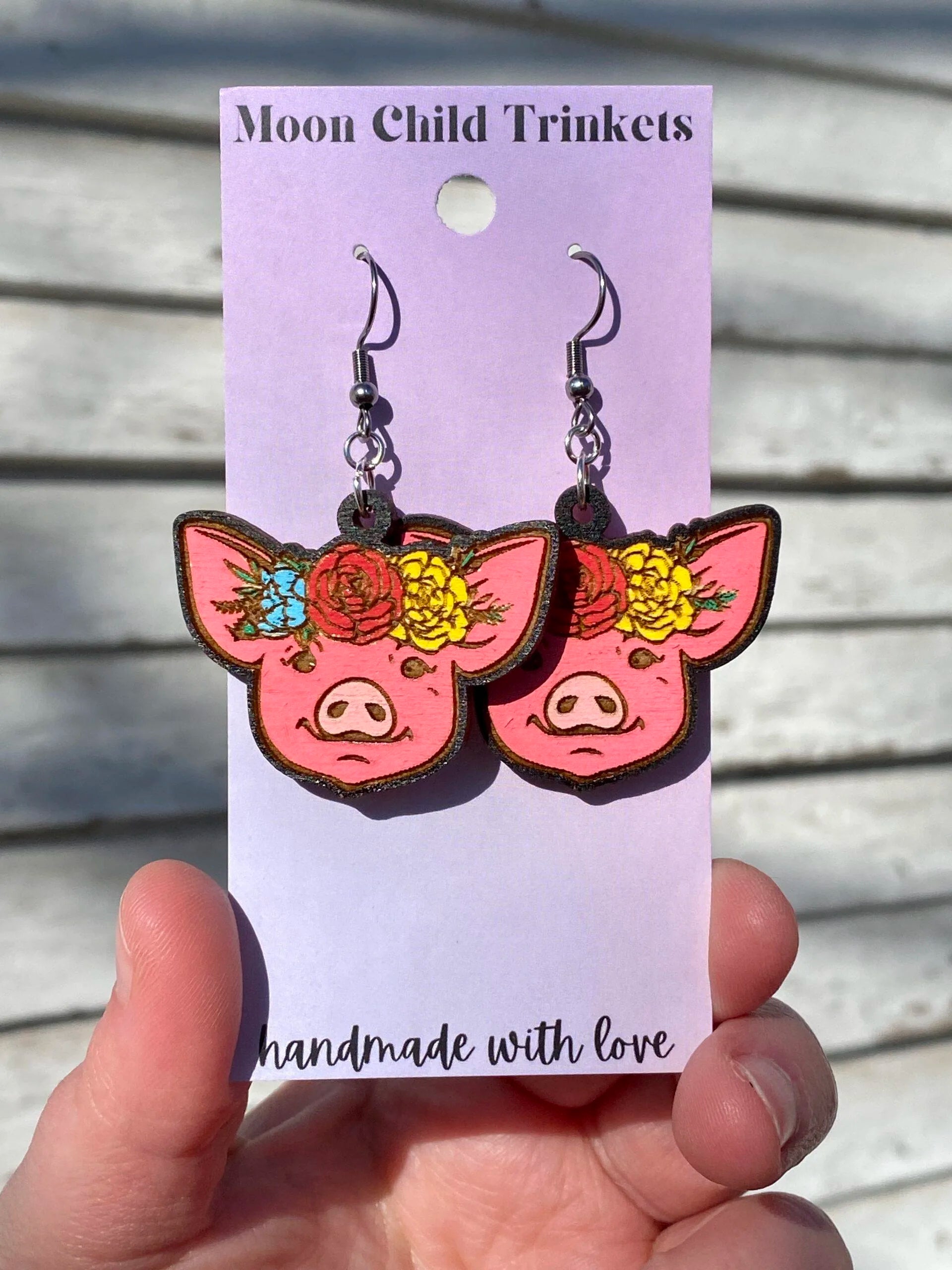 Floral Pig Hand Painted Wood Dangle Earrings image 1