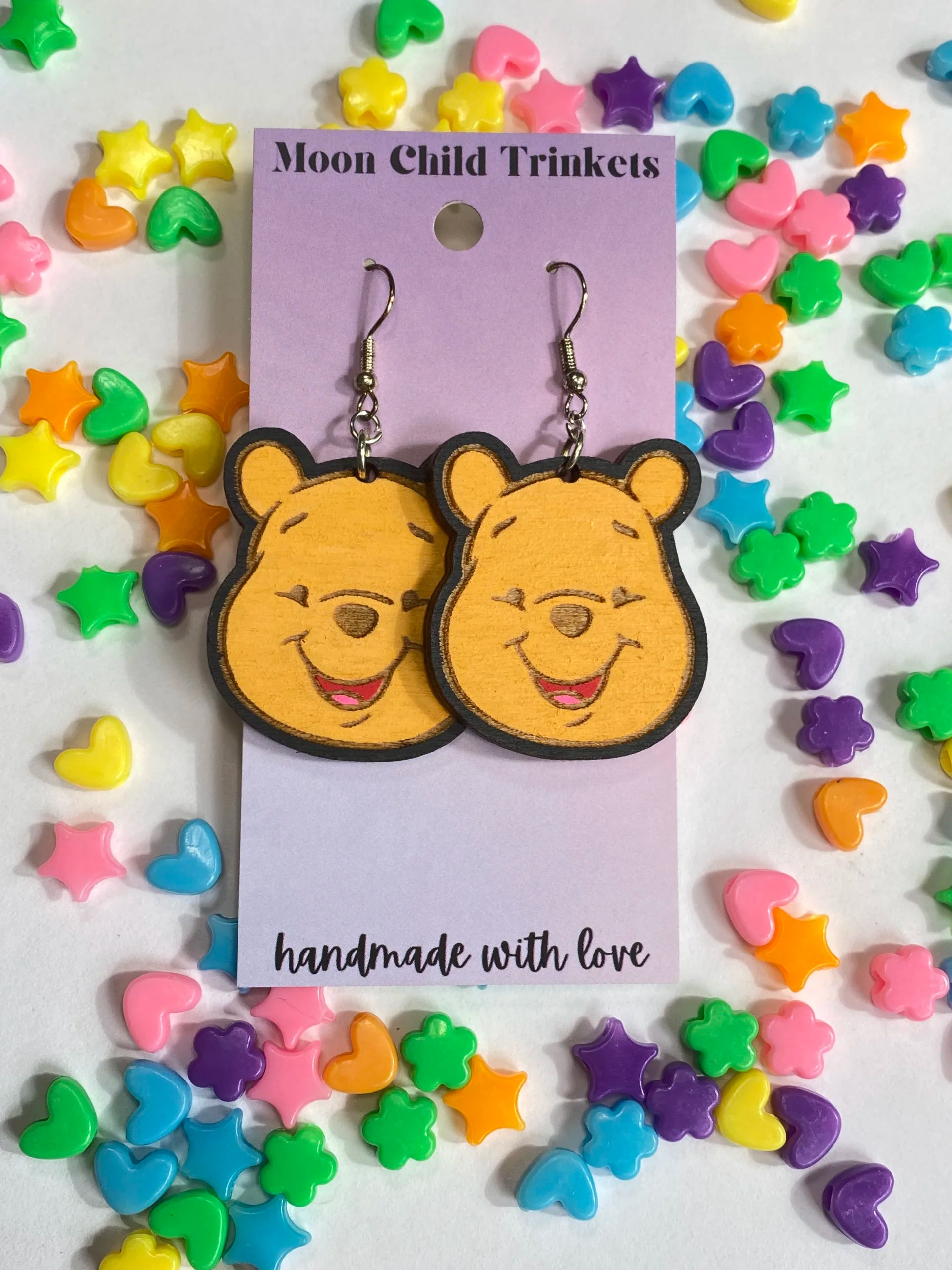 Pooh Bear Hand Painted Wood Dangle Earrings image 0