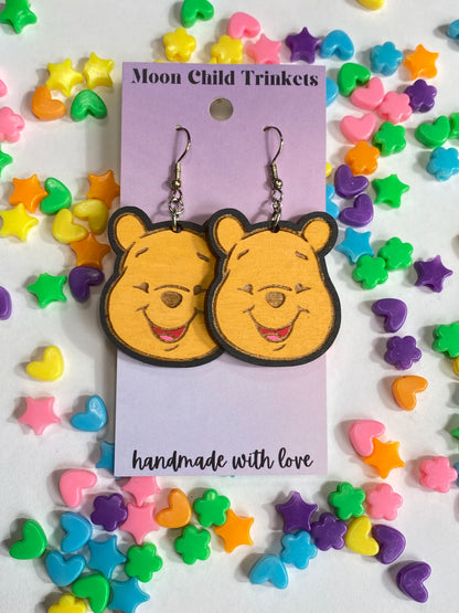 Pooh Bear Hand Painted Wood Dangle Earrings image 0