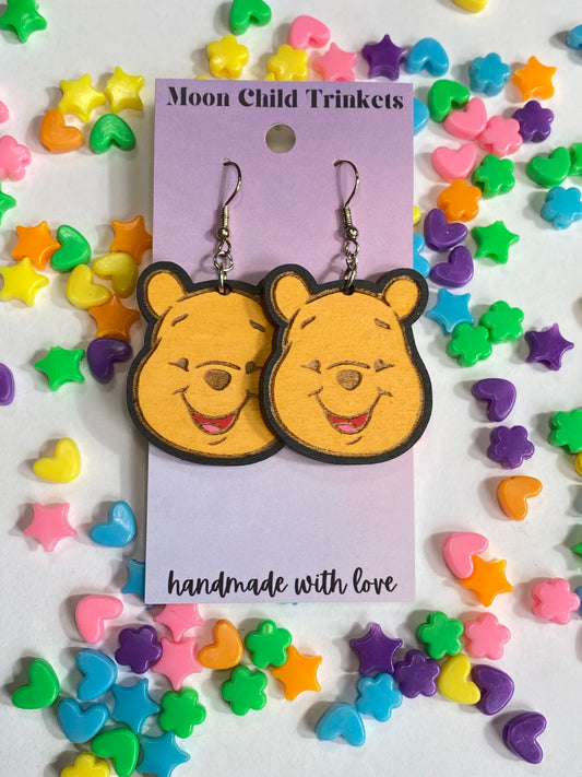 Pooh Bear Hand Painted Wood Dangle Earrings image 0