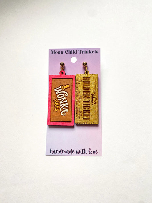 Wonka Bar & Golden Ticket Hand Painted Wood Dangle Earrings image 0