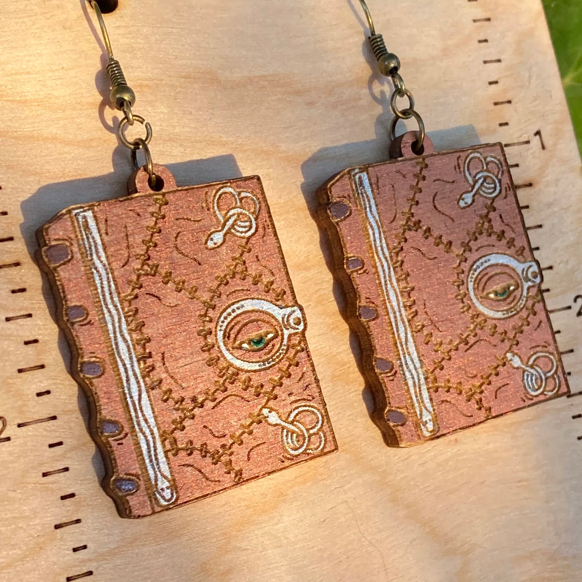 Hocus Pocus Spell Book Hand Painted Wood Dangle Earrings image 0