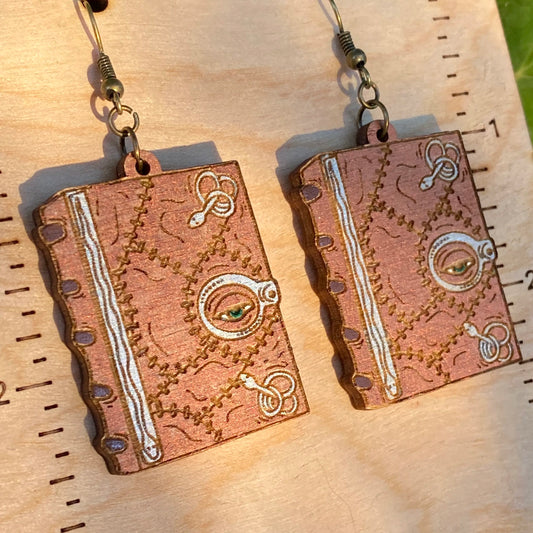 Hocus Pocus Spell Book Hand Painted Wood Dangle Earrings image 0