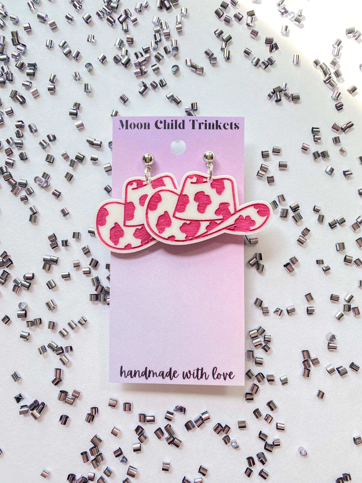Pink Cow Print Cowboy Hat Earrings image 0