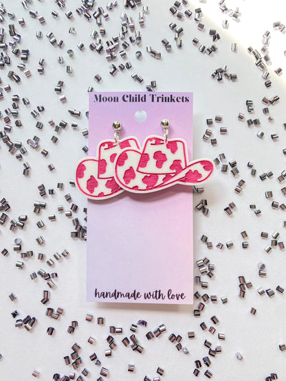 Pink Cow Print Cowboy Hat Earrings image 0