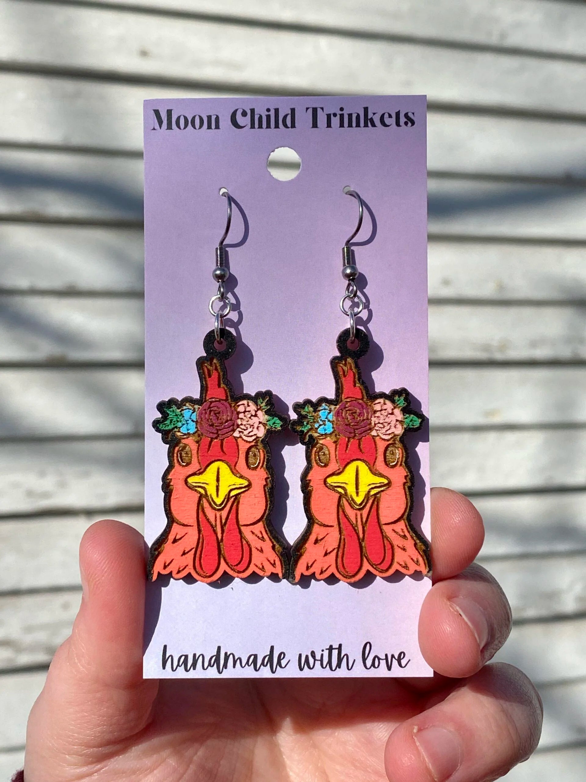 Floral Hen Hand Painted Wood Dangle Earrings image 1