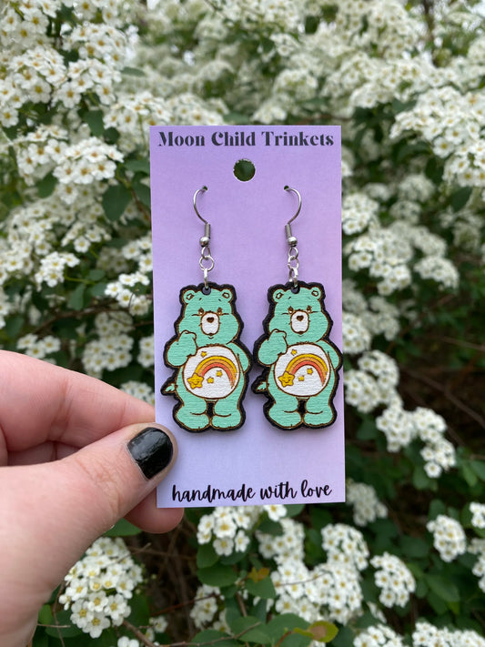 Wish Care Bear Hand Painted Wood Dangle Earrings image 0
