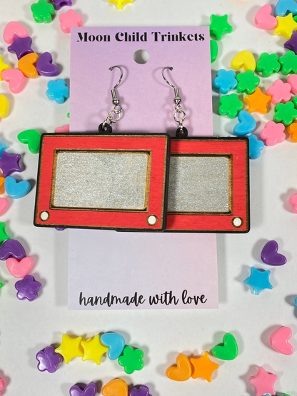 Etch A Sketch Toy Hand Painted Wood Dangle Earrings