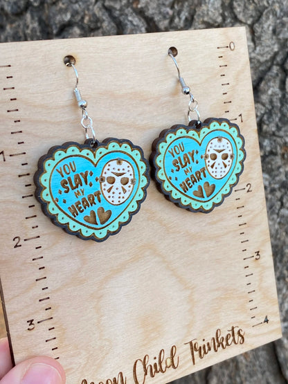Friday the 13th Horror Valentine Hand Painted Wood Dangle Earrings image 2