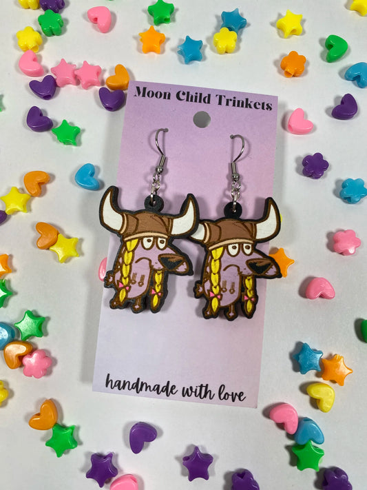 Courage The Cowardly Viking Dog Hand Painted Wood Dangle Earrings image 0