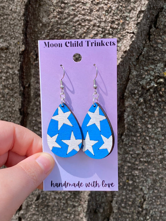 4th of July Star Tear Drop Hand Painted Wood Dangle Earrings
