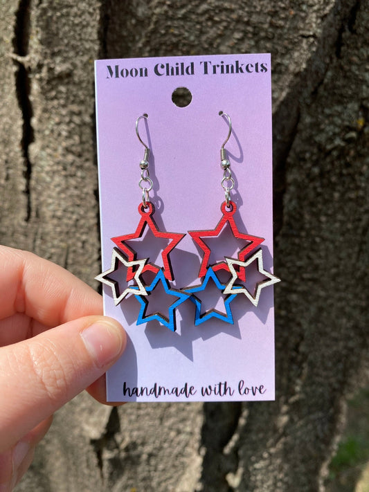 4th of July Stars Hand Painted Wood Dangle Earrings