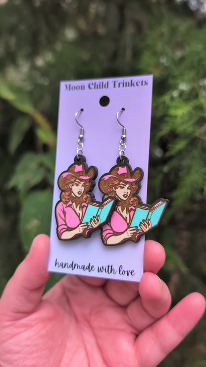 Cowgirl Reader Bookish Hand Painted Wood Earrings