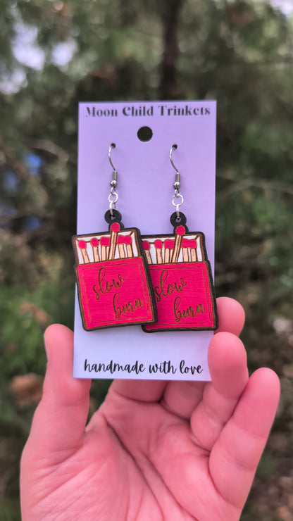 Slow Burn Match Book Hand Painted Wood Earrings