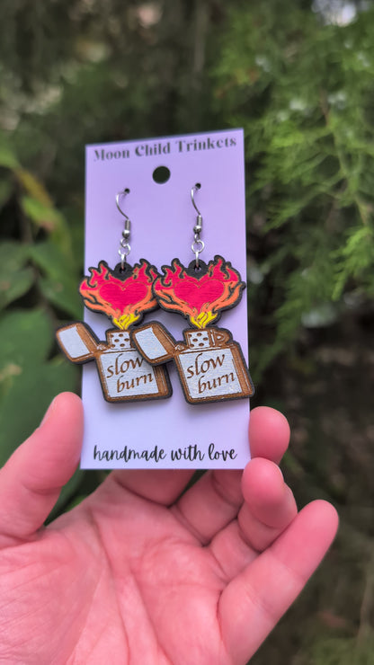 Slow Burn Bookish Lighter Hand Painted Wood Earrings