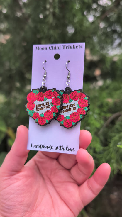Hopeless Romantic Floral Bookish Hand Painted Wood Earrings