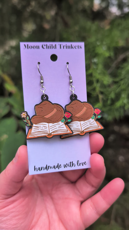 Western Romance Bookish Hand Painted Wood Earrings