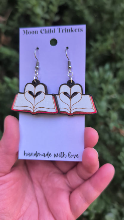 I Love Books - Book Heart Hand Painted Wood Earrings