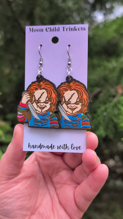 Chucky Horror Hand Painted Wood Earrings