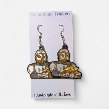 Mandalorian and Grogu Star Wars Hand Painted Wood Earrings