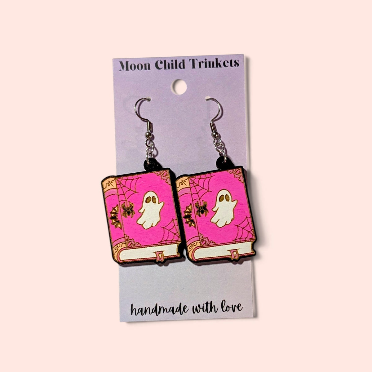 Ghost Haunted Book Hand Painted Wood Earrings