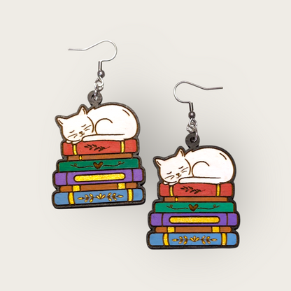Cats and Books Hand Painted Wood Dangle Earrings
