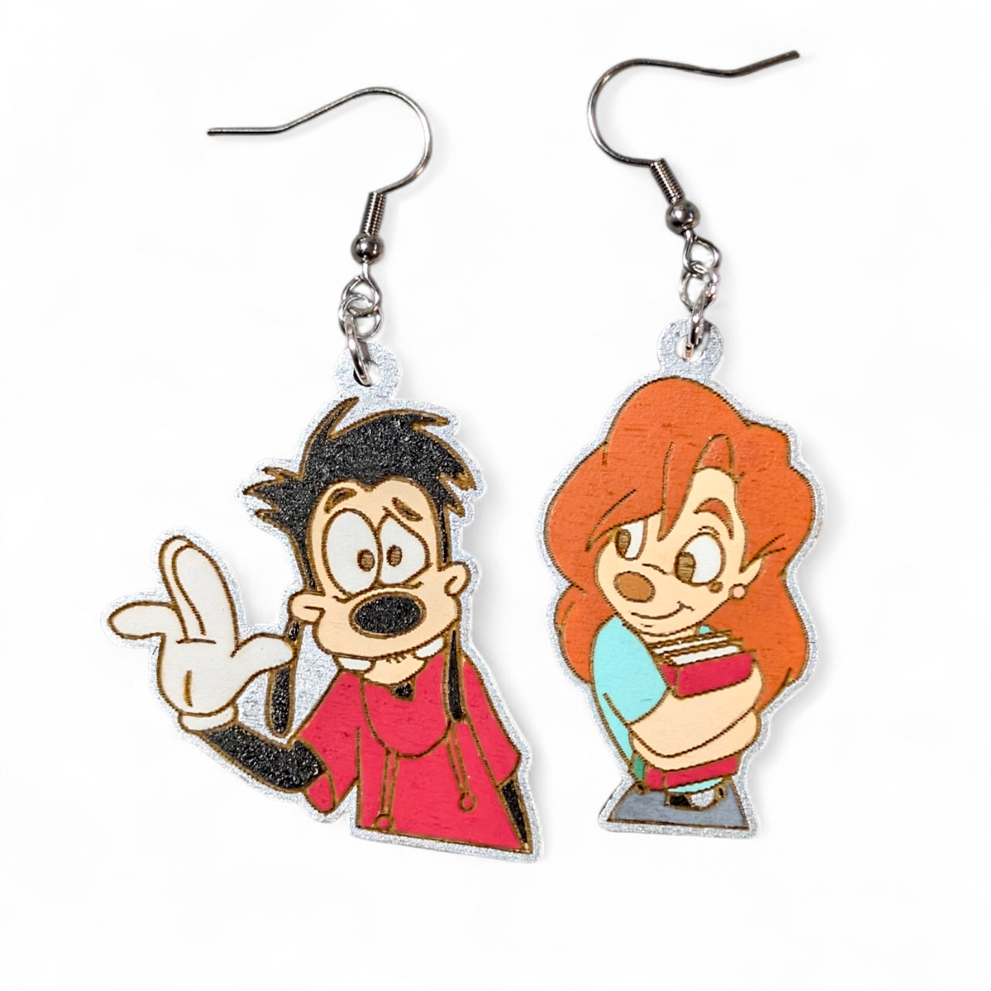 Max and Roxanne A Goofy Movie Hand Painted Wood Earrings