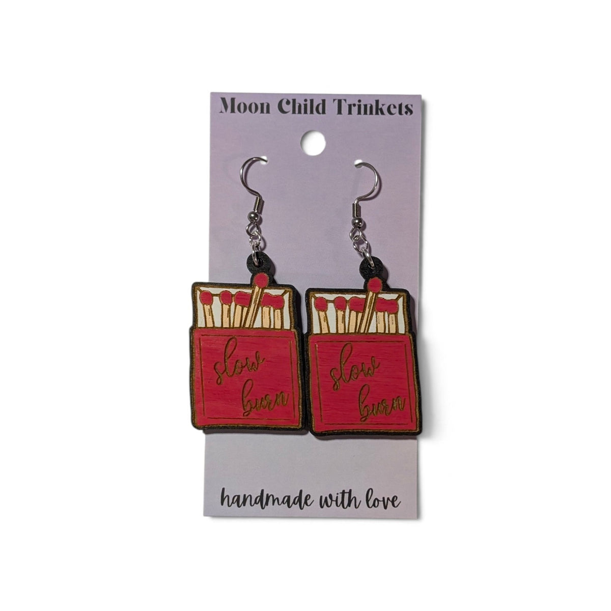 Slow Burn Match Book Hand Painted Wood Earrings