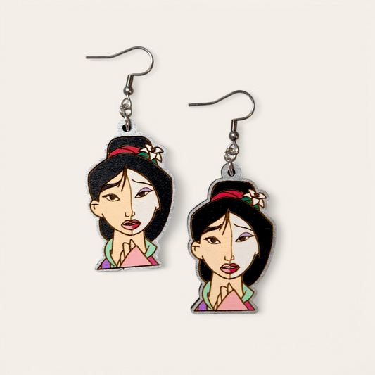 Mulan Reflection Hand Painted Wood Dangle Earrings