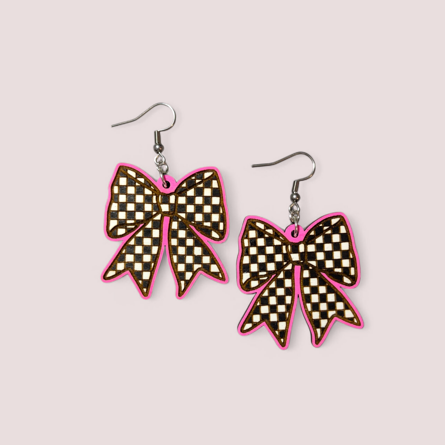 Y2K Checkered Bows Hand Painted Wood Dangle Earrings