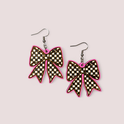 Y2K Checkered Bows Hand Painted Wood Dangle Earrings
