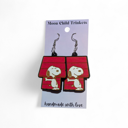 Peanuts Snoopy & Dog House Hand Painted Wood Earrings