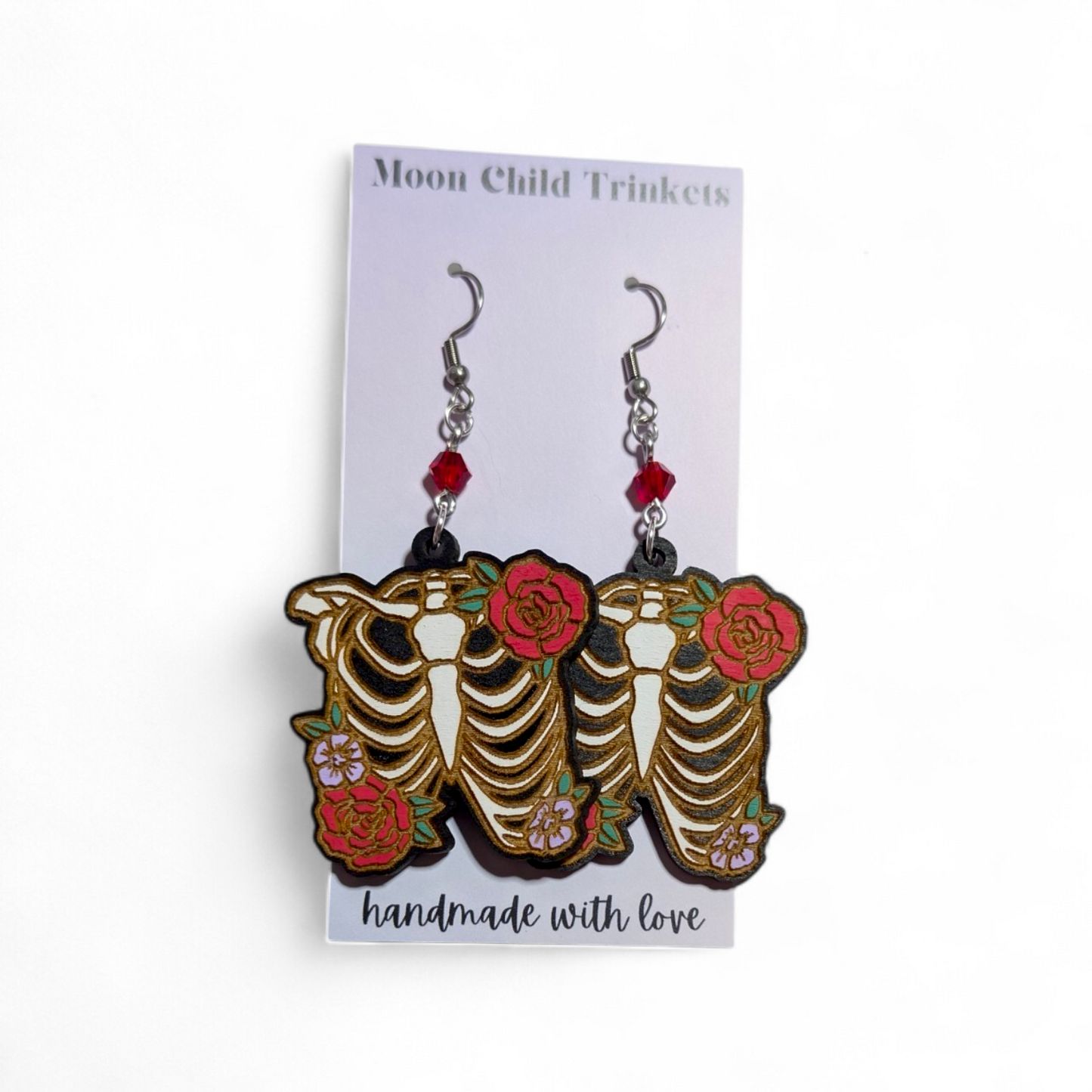 Floral Skeleton Rib Cage Hand Painted Wood Earrings