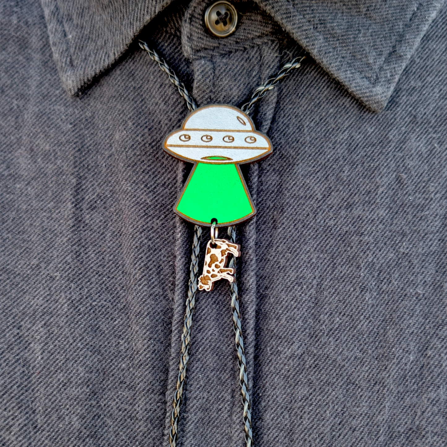 UFO Cow Abduction Bolo Tie - Hand Painted Wood Bolo