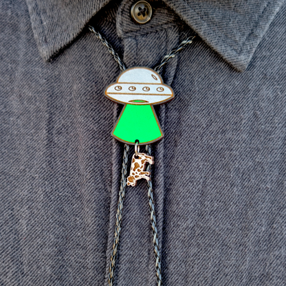 UFO Cow Abduction Bolo Tie - Hand Painted Wood Bolo