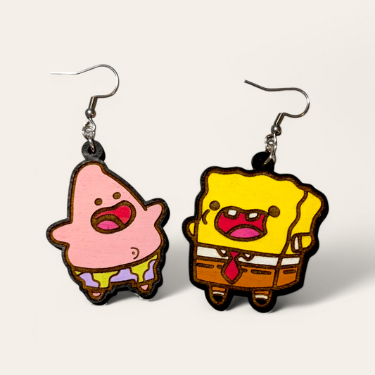 BFF SpongeBob and Patrick Hand Painted Wood Dangle Earrings