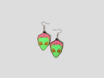 Boho Floral Alien Hand Painted Wood Dangle Earrings