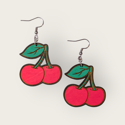 Cherry Hand Painted Wood Dangle Earrings