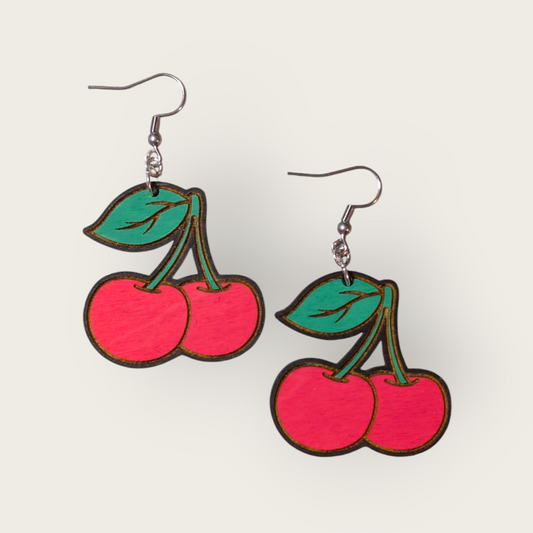 Cherry Hand Painted Wood Dangle Earrings