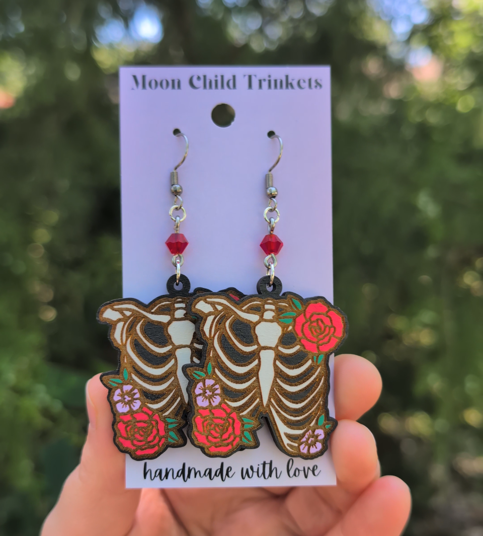 Floral Skeleton Rib Cage Hand Painted Wood Earrings