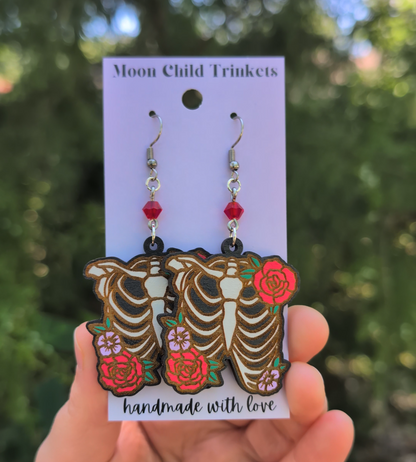 Floral Skeleton Rib Cage Hand Painted Wood Earrings